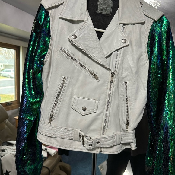 Sequin Sleeve White Leather Jacket - Picture 2 of 11